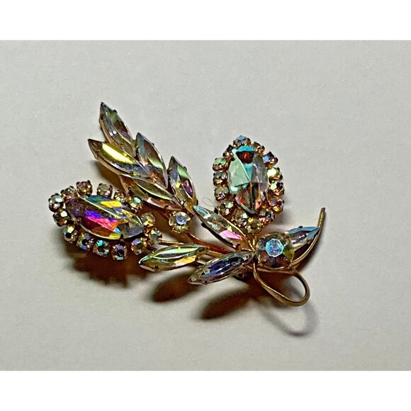 AB Aurora Borealis Brooch Pin Gold Tone Floral Spray Mid Century Modern - Picture 2 of 5